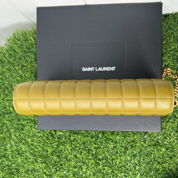 SAINT LAURENT CASSANDRE LARGE WALLET ON CHAIN QUILTED LEATHER GREEN GOLD NEW! - Picture 7 of 16